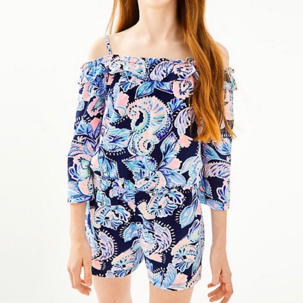 Lilly Pulitzer Margaret 3/4 Sleeve Cold Shoulder Shorts Romper Print Girl XXL 16